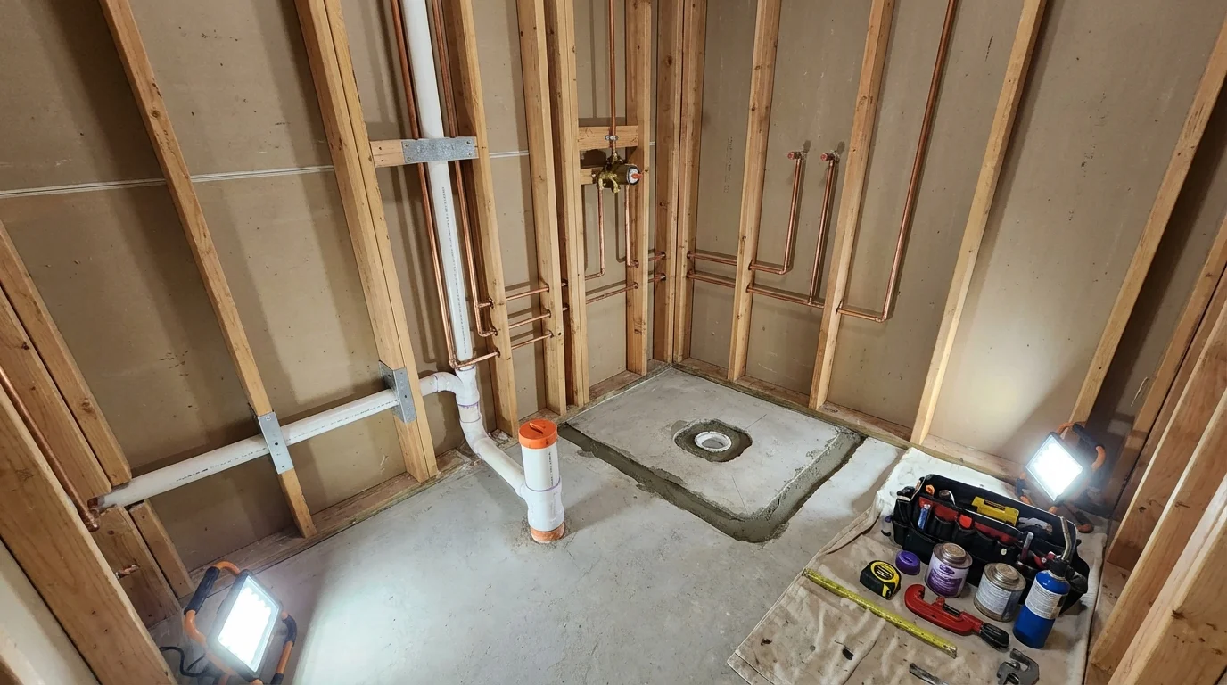 Bathroom rough-in plumbing during remodel by Johns Plumbing LLC in Sleepy Eye