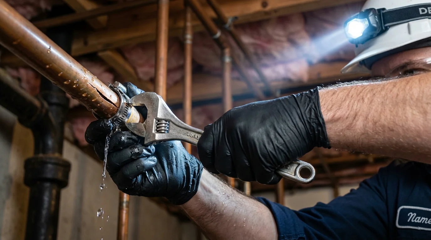 Emergency pipe clamp repair being performed by a Johns Plumbing LLC plumber in Sleepy Eye