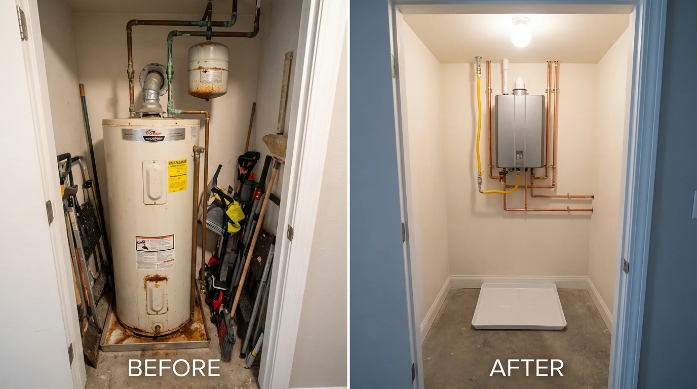 Tank water heater versus wall-mounted tankless unit comparison for Sleepy Eye, MN homeowners