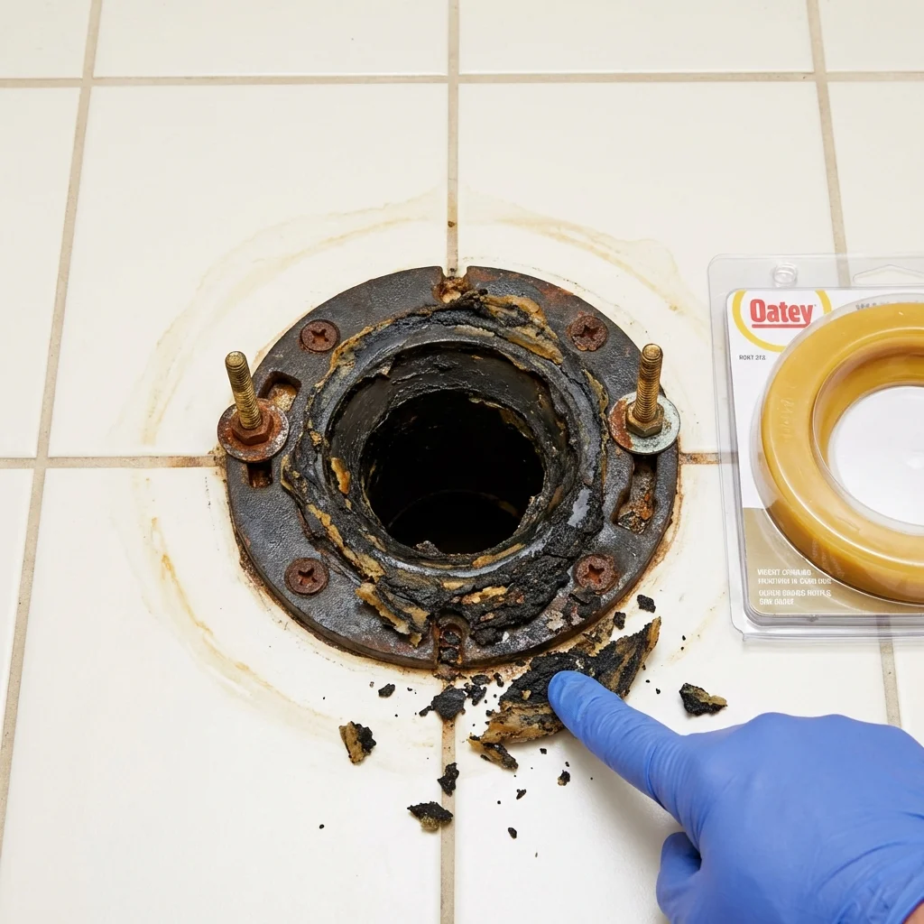Failed wax ring showing water seepage at the base of a toilet in a Sleepy Eye, MN home