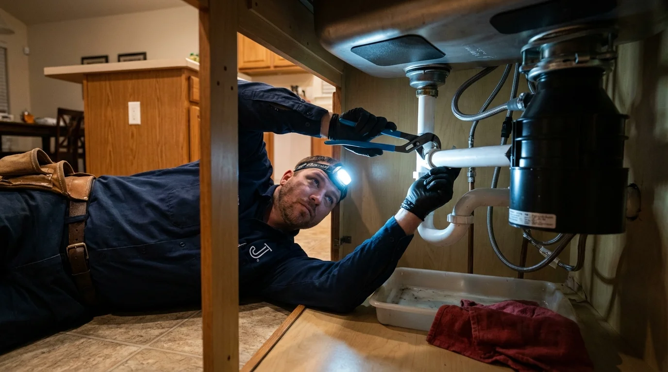 P-trap and supply line connections under a kitchen sink showing a common leak point in Sleepy Eye, MN